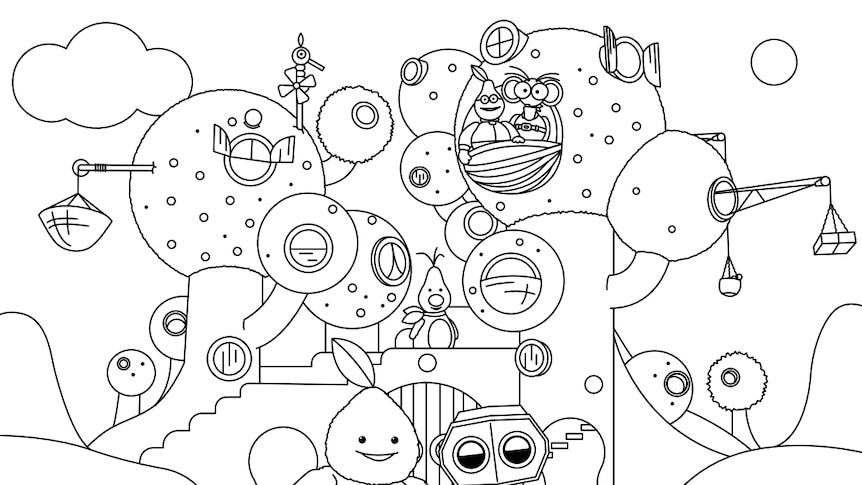 Line drawing of animated TV characters Beep and Mort in front of a treehouse.