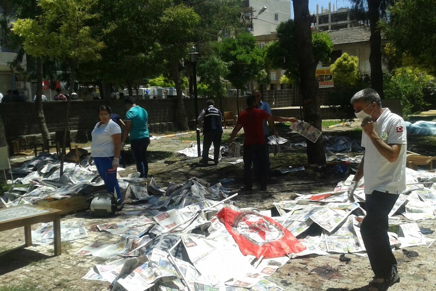 The scene after an explosion in the town of Suruc in Sanliurfa