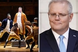 Side by side photos of the Hamilton cast on stage and Scott Morrison