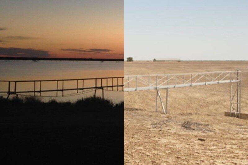 The same irrigation dam in Bourke, New South Wales, in 2016 and 2019.