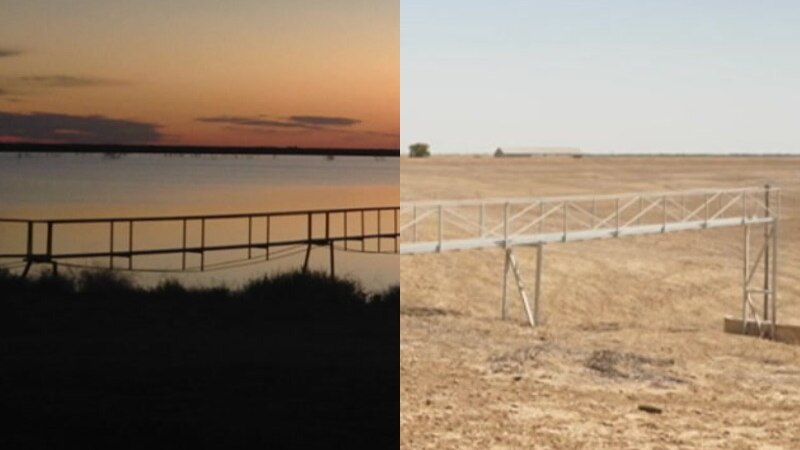 The same irrigation dam in Bourke, New South Wales, in 2016 and 2019.