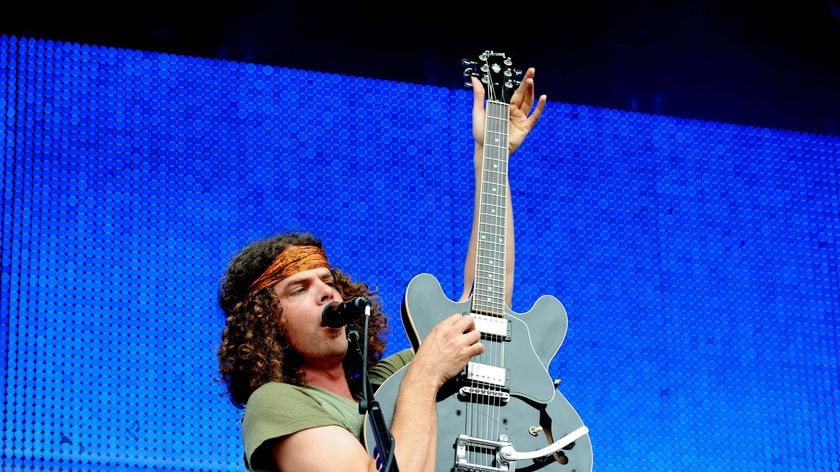 Wolfmother lead singer Andrew Stockdale performs during the Sound Relief concert at the SCG