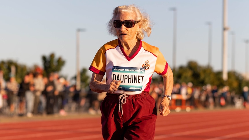 Bundaberg masters athlete Christiane Dauphinet, 91, running the 200m 