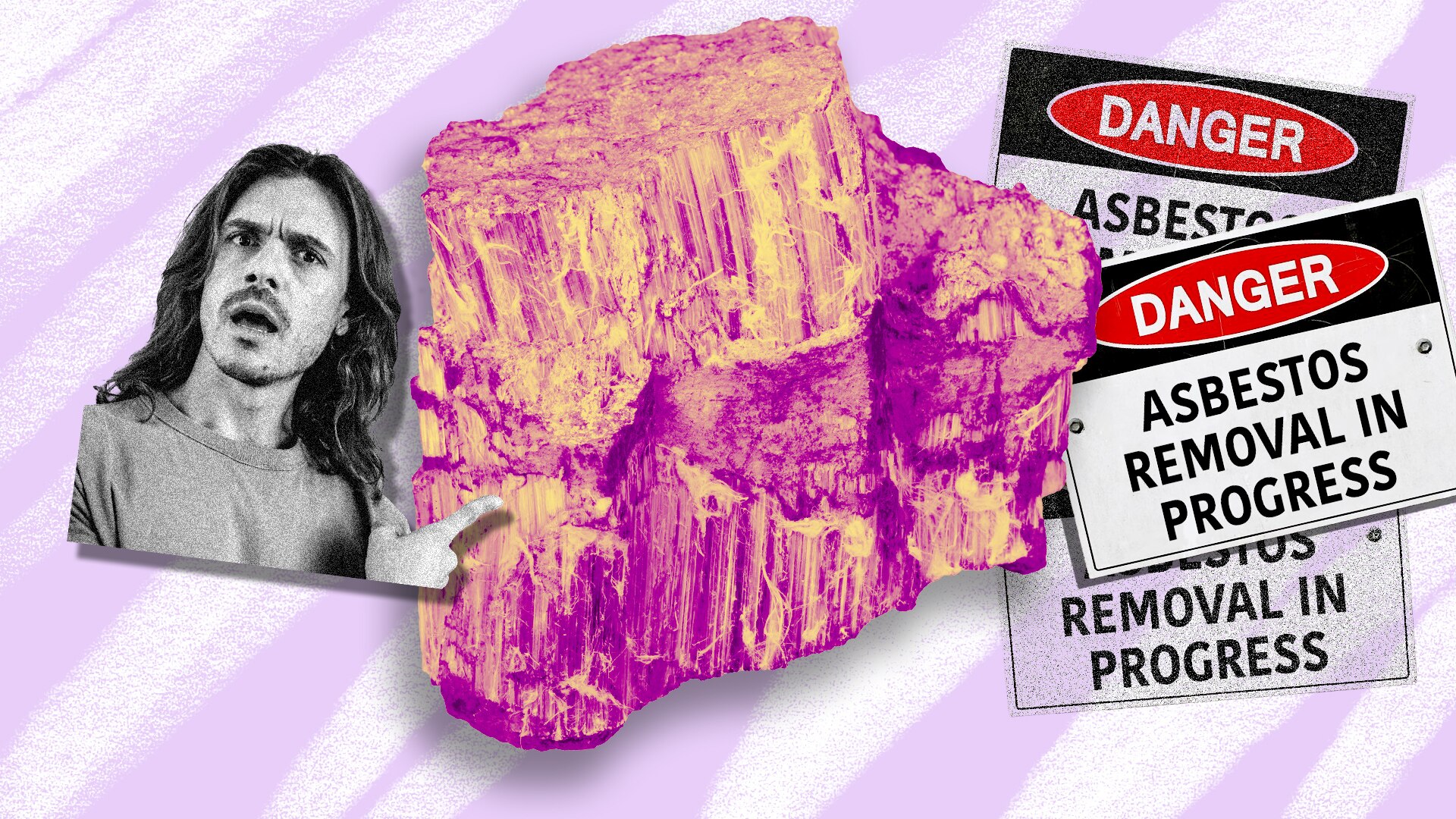 Collage of Jack looking concerned while pointing to a piece of asbestos. Danger signs saying Asbestos Removal in Progress.