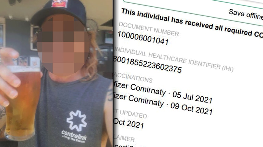 A pixellated man drinking a beer and a fake vaccination certificate