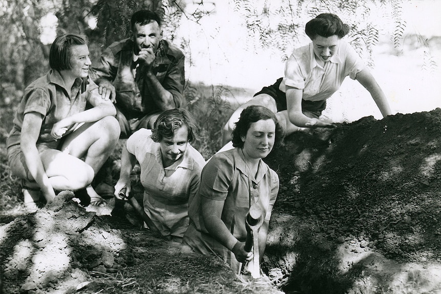 Army girls digging air raid trenches in Adelaide