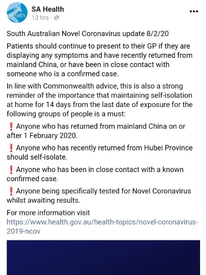 SA Health coronavirus advice from February 2020.