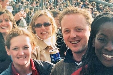 Melanie McCollin-Walker with her now-husband Brent Walker and friends at a cricket match in London.