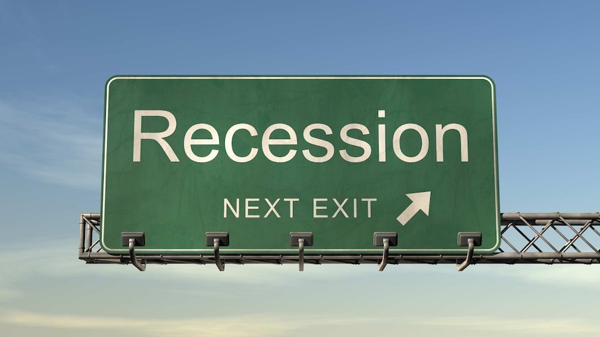 Road sign with the words "Recession next exit" featured.