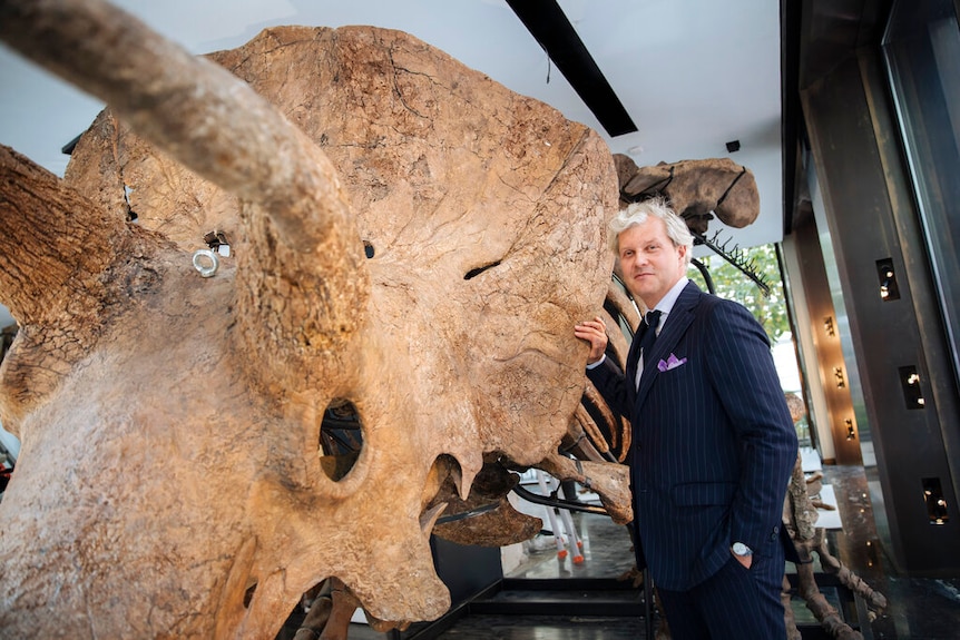 A man stands next to a giant triceratops skeleton.