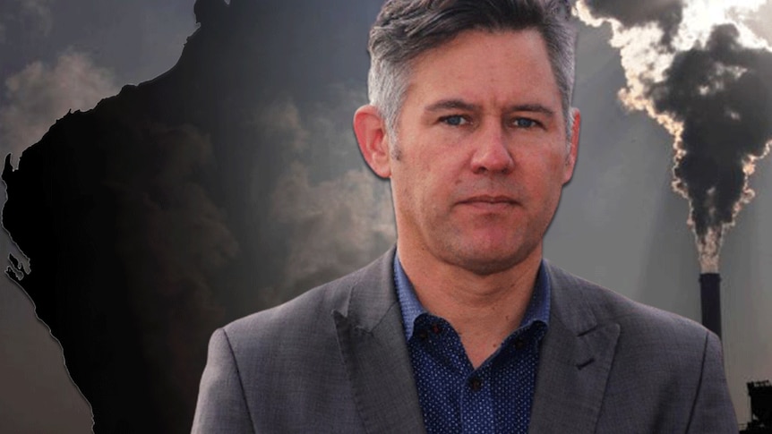 Greens MP Brad Pettitt superimposed in front of smoking chimneys