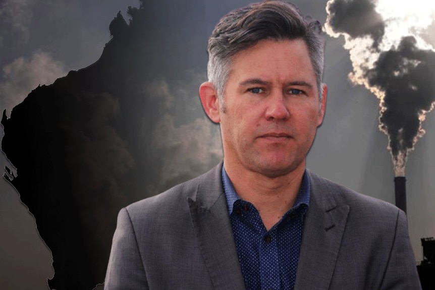 Greens MP Brad Pettitt superimposed in front of smoking chimneys