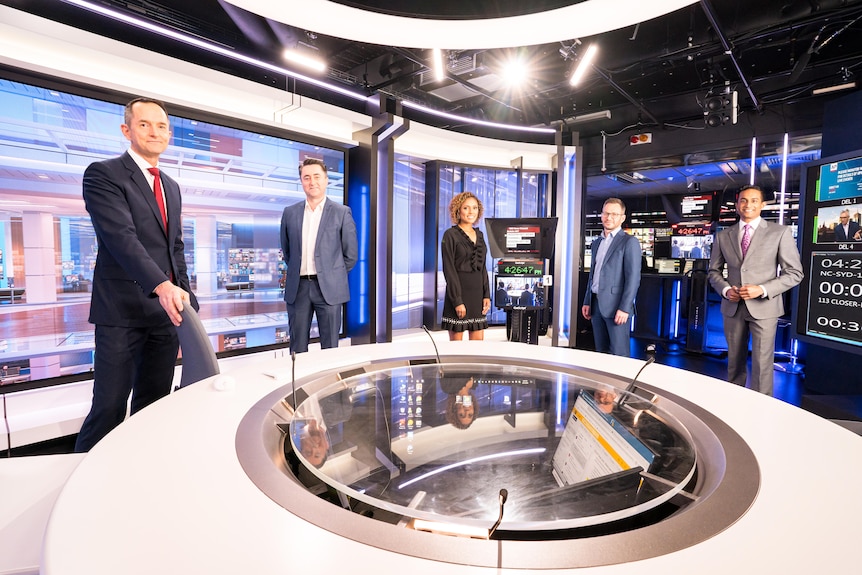 ABC News director Gaven Morris with News Channel presenters on 10th anniversary in 2020