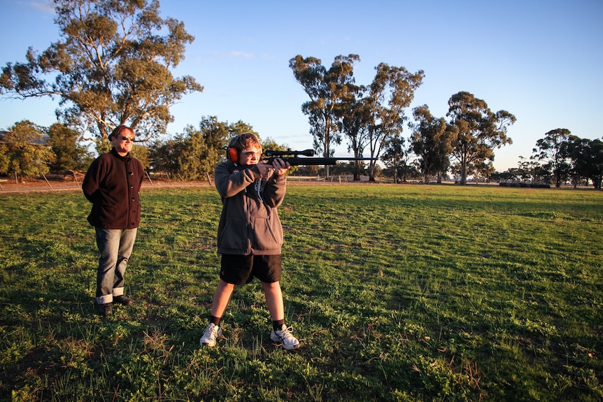 Janine Cornish on the family farm supervising her 13-year-old son Roanan shooting.