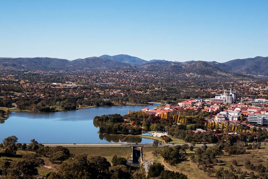 An aerial view of the Tuggeranong town centre and lake.