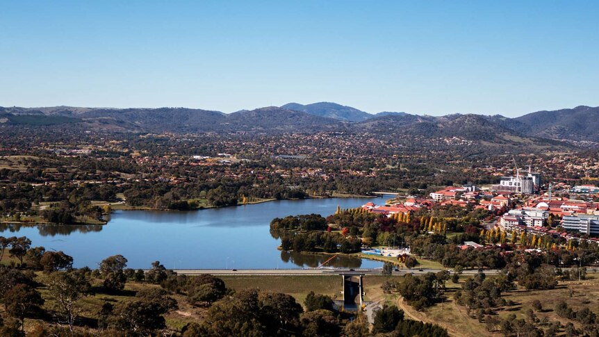 An aerial view of the Tuggeranong town centre and lake.