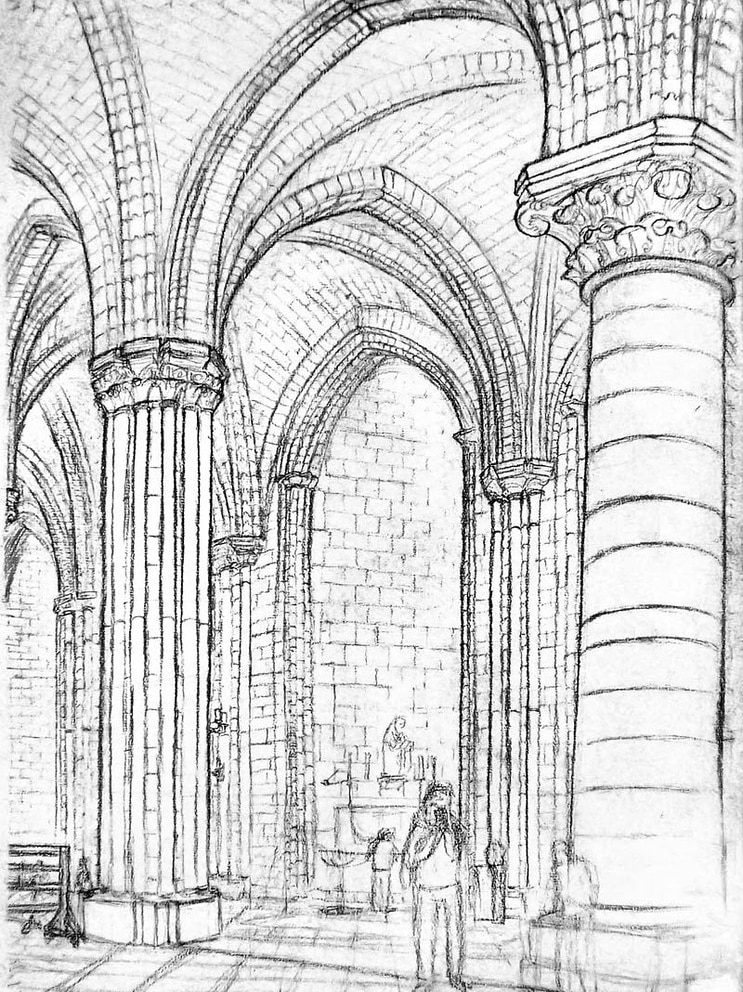 A black and white sketch of bricks, columns and roof inside Notre Dame.