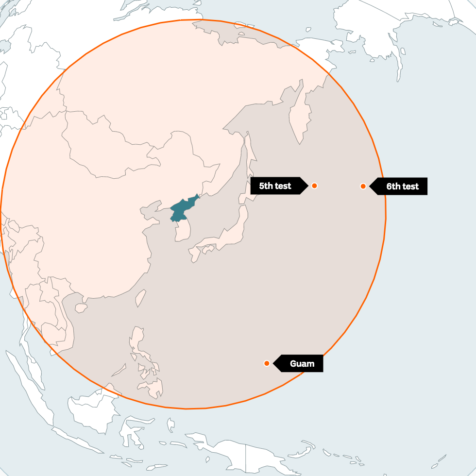 Red circle around North Korea shows range of IRBMs. Approximate landing locations of 5th and 6th test shown inside circle.