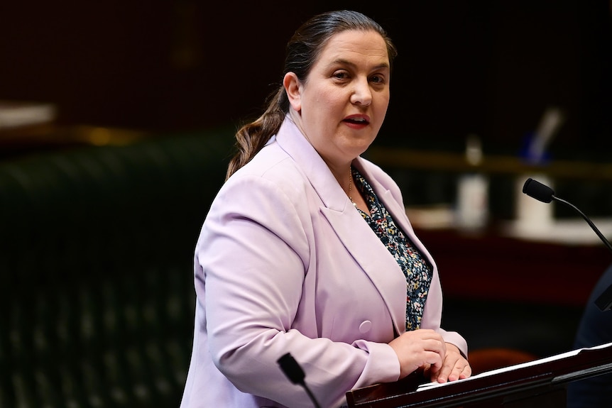 a woman stands and speaks at a podium