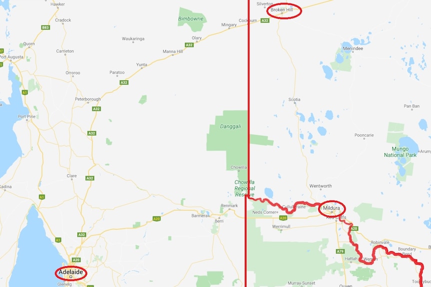 A map highlighting Broken Hill, Mildura, Adelaide and the closed borders.