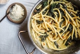 Two small dishes of sea salt and grated parmesan sit beside a pot of just cooked pasta with kale and almonds, a fast dinner.