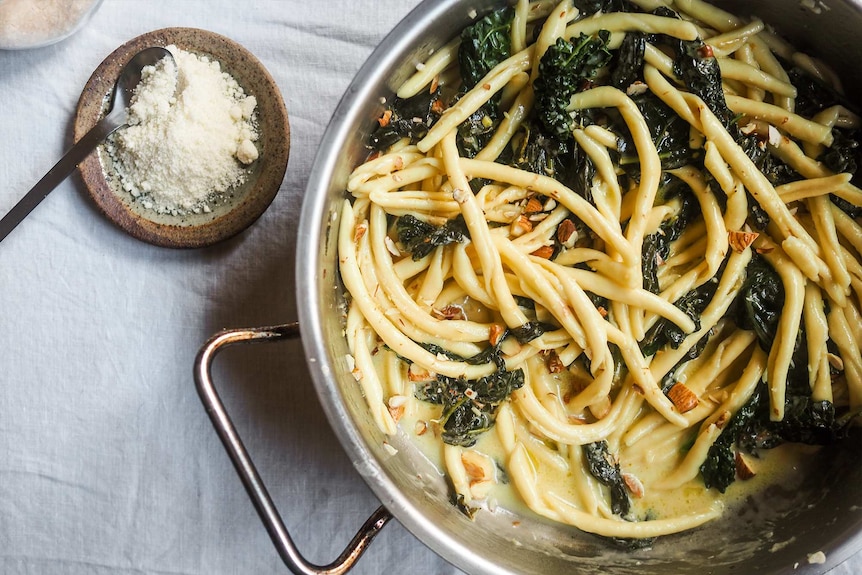 Two small dishes of sea salt and grated parmesan sit beside a pot of just cooked pasta with kale and almonds, a fast dinner.
