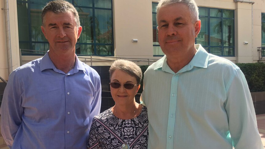 Leanne Pullen and Gary Pullen outside rockhampton courthouse with Shadow Minister for Corrective Services Tim Mander.