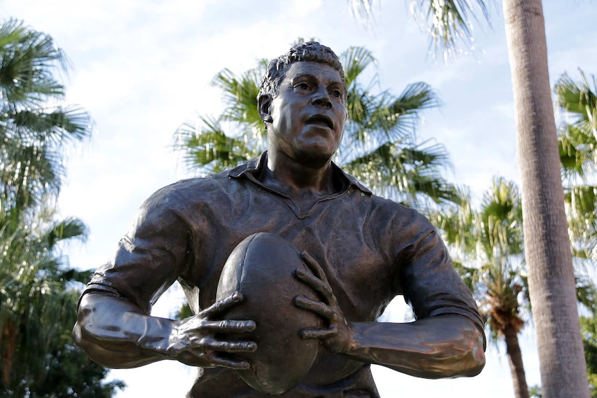 Statue of rugby league player Mal Meninga outside Lang Park.