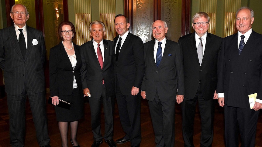 Prime Minister Tony Abbott, centre, with former prime ministers Malcolm Fraser, Julia Gillard, Bob Hawke, John Howard, Kevin Rudd and Paul Keating at the state memorial for Gough Whitlam.