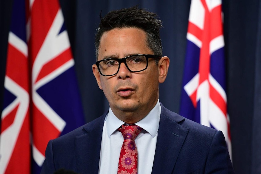 A head and shoulders shot of WA Treasurer Ben Wyatt standing in front of flags during a media conference.