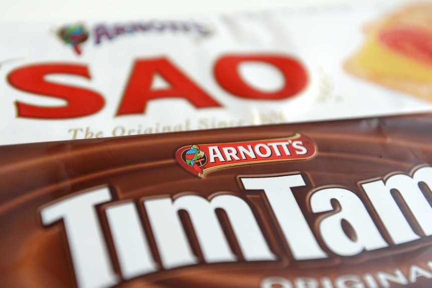 Close-up pic of Arnott's Tim Tam and Sao biscuits