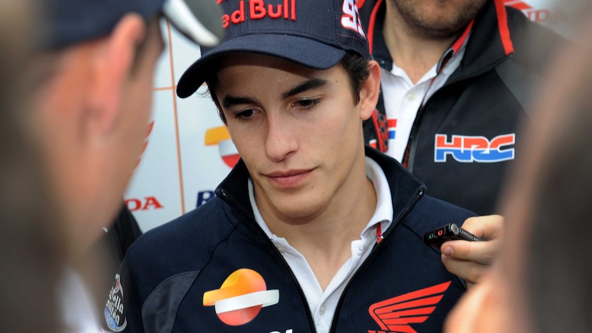 Spain's Marc Marquez speaks after he was disqualified from the Australian MotoGP.