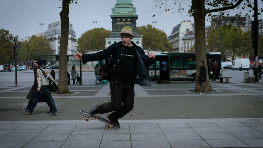 Shaun Gladwell skateboarding in various sites around Paris, from video work Self Portrait Spinning and Falling in Paris, 2015.