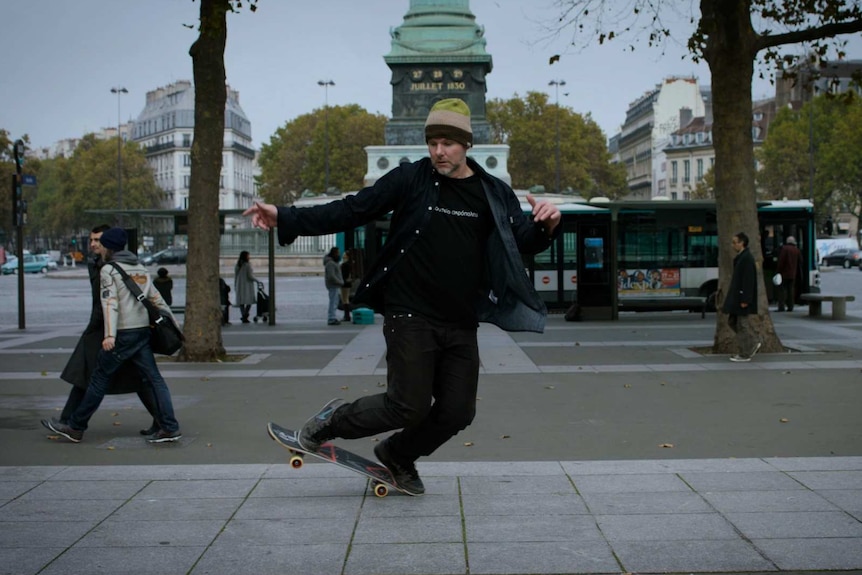 Shaun Gladwell skateboarding in various sites around Paris, from video work Self Portrait Spinning and Falling in Paris, 2015.