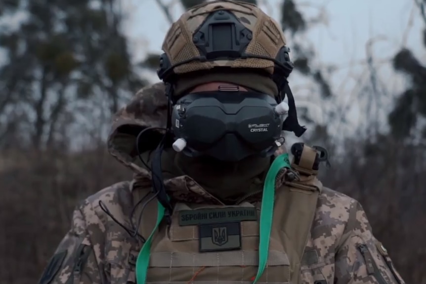 A soldier wearing drone googles. 