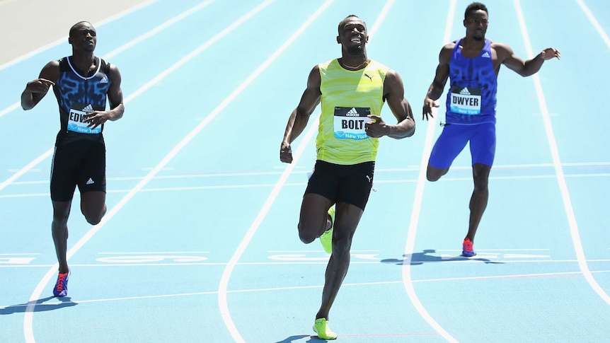 Usain Bolt (C) wins 200m final at New York Diamond League meet on June 13, 2015.