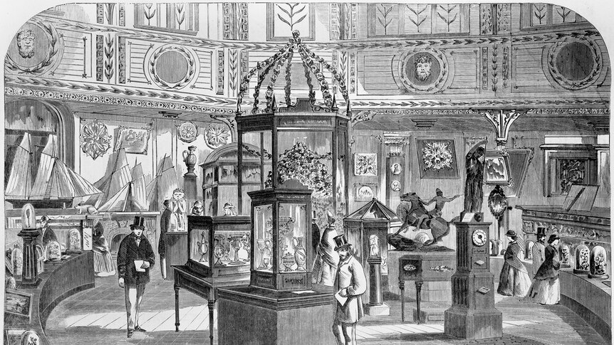 A line drawing of the interior of an elaborate room, filled with displays