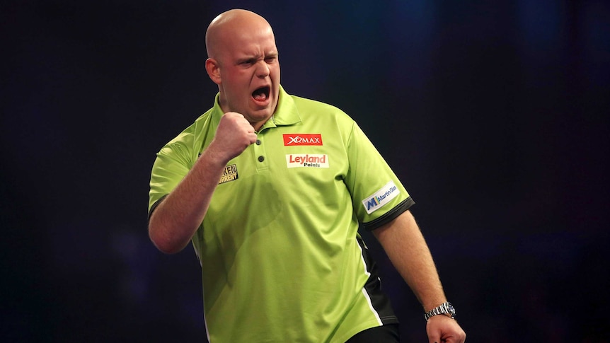 Michael van Gerwen of the Netherlands reacts on day fifteen of the World Darts Championships.