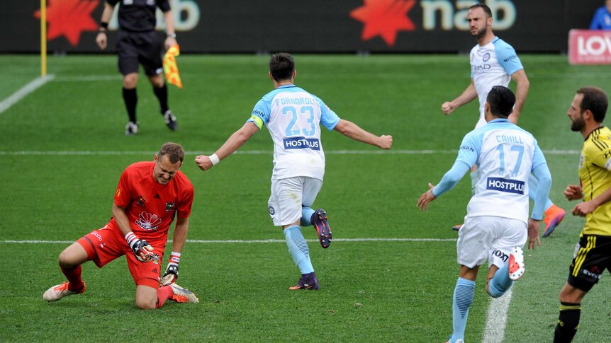Melbourne City's Bruno Fornaroli celebrates his penalty against Wellington Phoenix at AAMI Park.