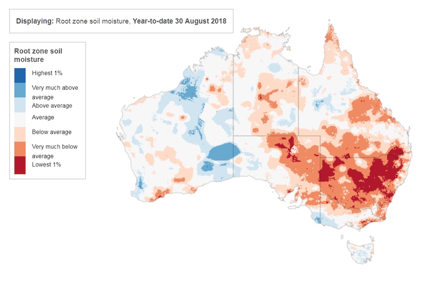 Map of Australia with red and orange indicating very much below average and lowest 1% root zone soil for most of NSW and east