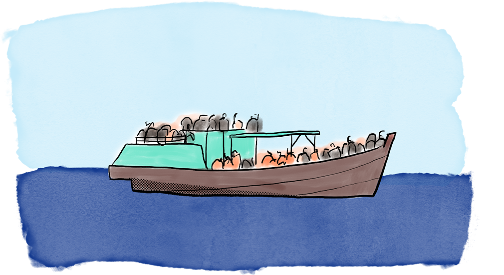 Illustration of boat full of asylum seekers