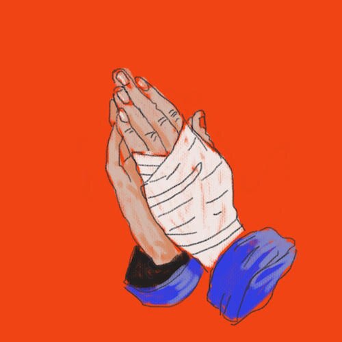 An illustration shows two hands, wrapped in bandages, clasped in prayer.