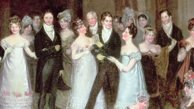 A painting of Victorian men and women stand in a group