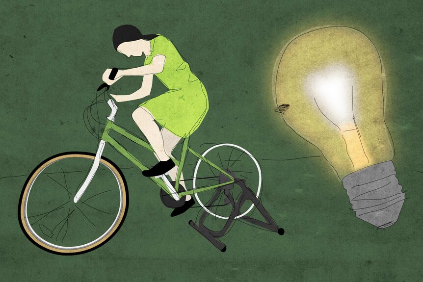 An illustration of a women riding a bike, and a lightbulb