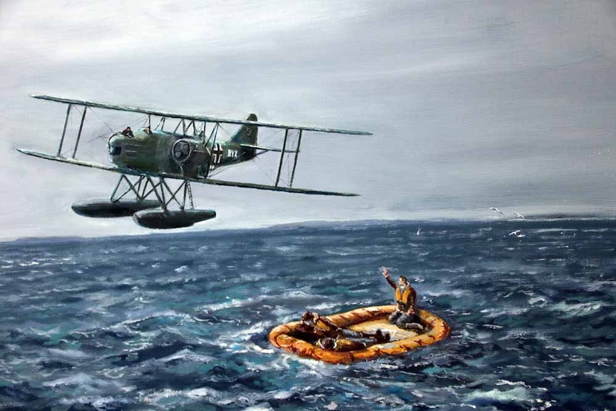 Painting of a story sea with a biplane low in the sky and life raft with a man waving