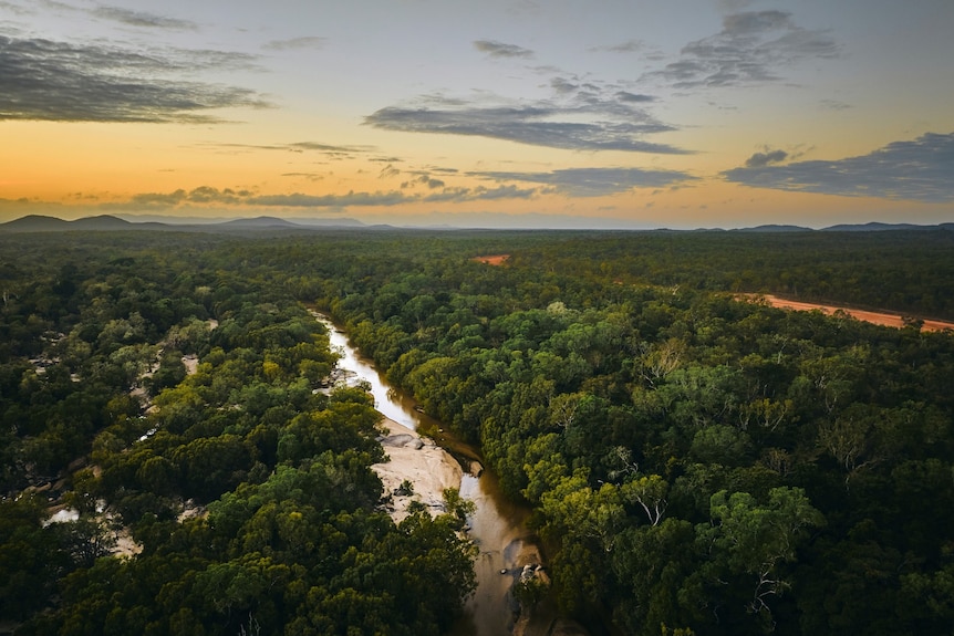 Drone photo of river flanked by lush greenery at sunset