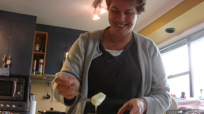 Gina Butler serving up a range of cheeses she's made on her NE Tasmanian farm