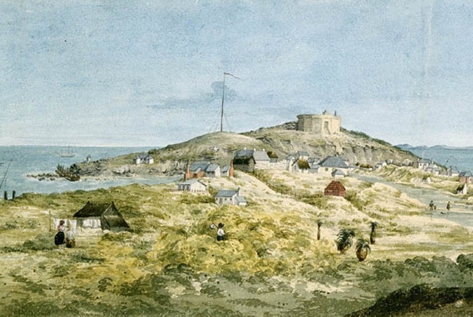 A painting of an early settlement in Australia with tents on hills and the sea behind.