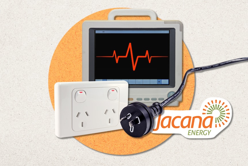 A graphic of a life support machine, a power point, a power plug and the Jacana Energy logo