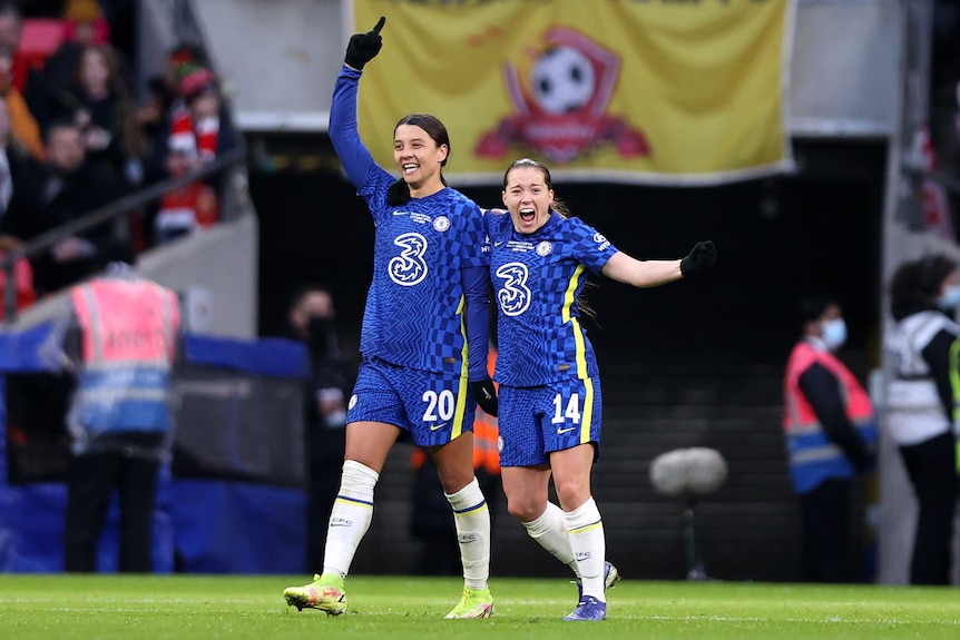 Sam Kerr of Chelsea celebrates after scoring their team's third goal